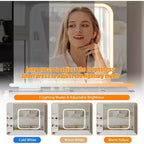 Toeletta con Specchio Scorrevole a LED, 4 Cassetti, Ripiani Portaoggetti, Presa di Corrente e Sgabello, Tavolo da Trucco per Camera da Letto, 3 Colori di Luce