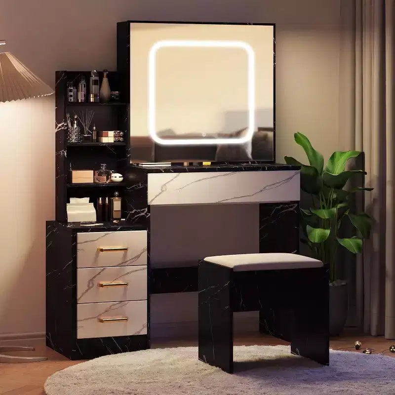 Toeletta con Specchio Scorrevole a LED, 4 Cassetti, Ripiani Portaoggetti, Presa di Corrente e Sgabello, Tavolo da Trucco per Camera da Letto, 3 Colori di Luce