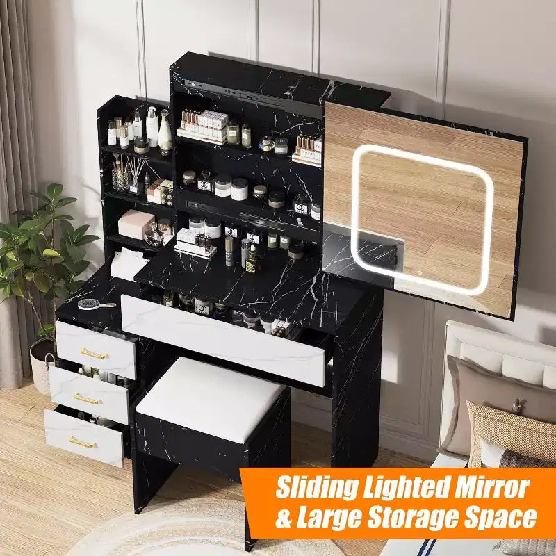 Toeletta con Specchio Scorrevole a LED, 4 Cassetti, Ripiani Portaoggetti, Presa di Corrente e Sgabello, Tavolo da Trucco per Camera da Letto, 3 Colori di Luce
