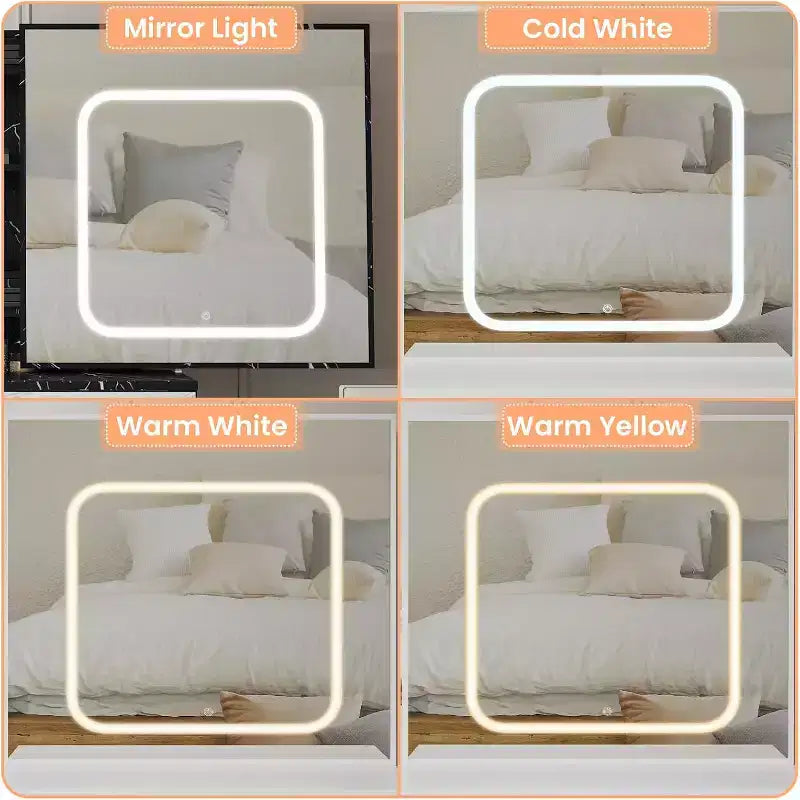 Toeletta con Specchio Scorrevole a LED, 4 Cassetti, Ripiani Portaoggetti, Presa di Corrente e Sgabello, Tavolo da Trucco per Camera da Letto, 3 Colori di Luce