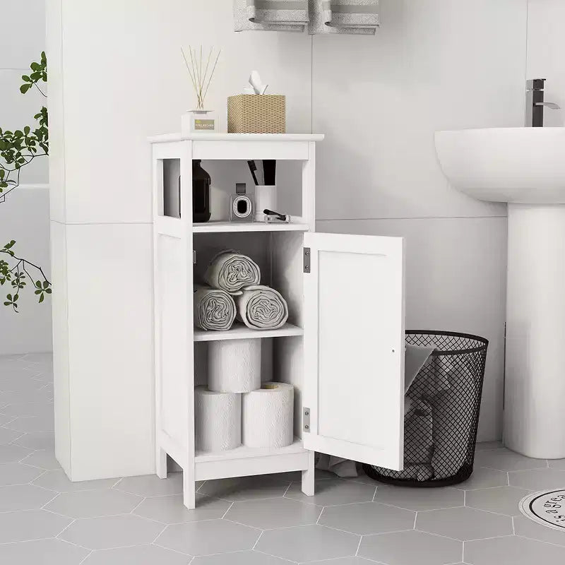 Mobiletto bagno a porta singola, mobiletto multi-funzionale in legno con ripiano regolabile e ripiano aperto per bagno, cucina, soggiorno, bianco