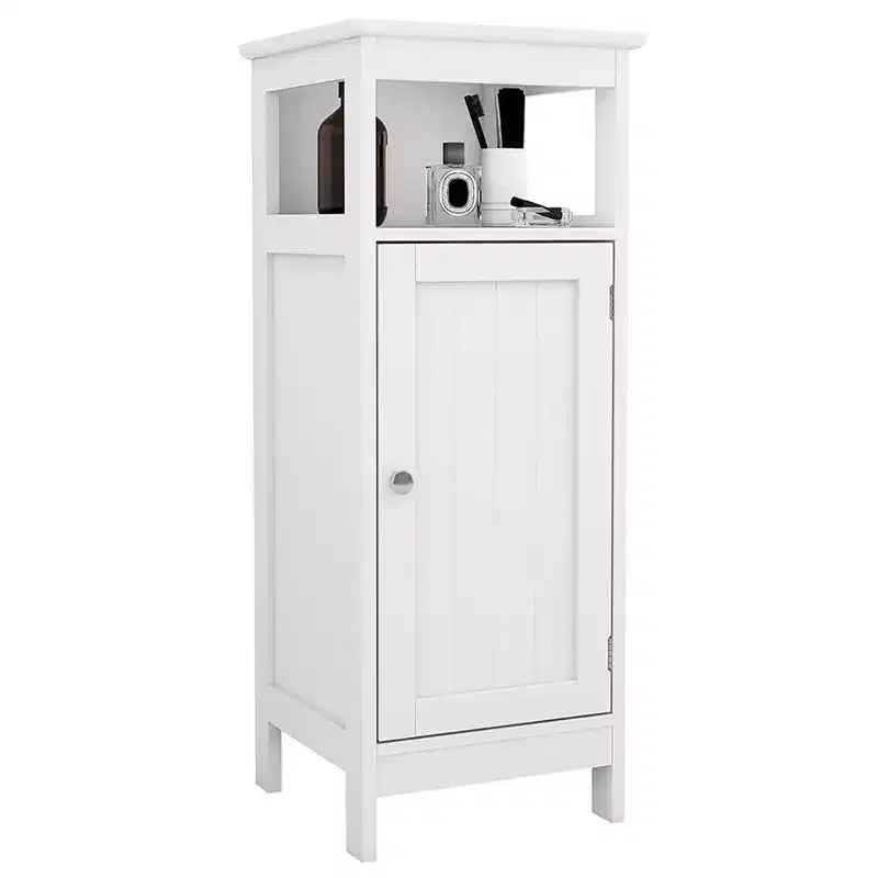 Mobiletto bagno a porta singola, mobiletto multi-funzionale in legno con ripiano regolabile e ripiano aperto per bagno, cucina, soggiorno, bianco