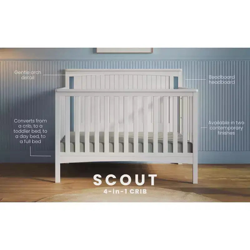 Culla convertibile 4-in-1 Scout, trasformabile in lettino da giorno, lettino per bambini e letto a una piazza e mezza, 3 posizioni del materasso, finitura sicura per i bambini